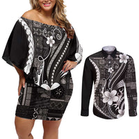 Samoa Siapo Tribal Pattern Couples Matching Off Shoulder Short Dress and Long Sleeve Button Shirt Black Polynesian Plumeria Tapa Motif