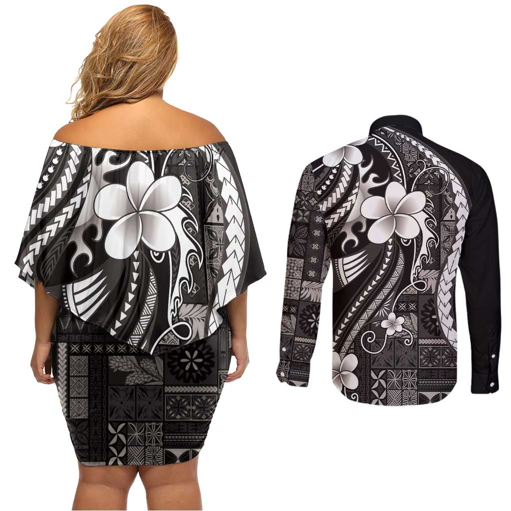 Samoa Siapo Tribal Pattern Couples Matching Off Shoulder Short Dress and Long Sleeve Button Shirt Black Polynesian Plumeria Tapa Motif