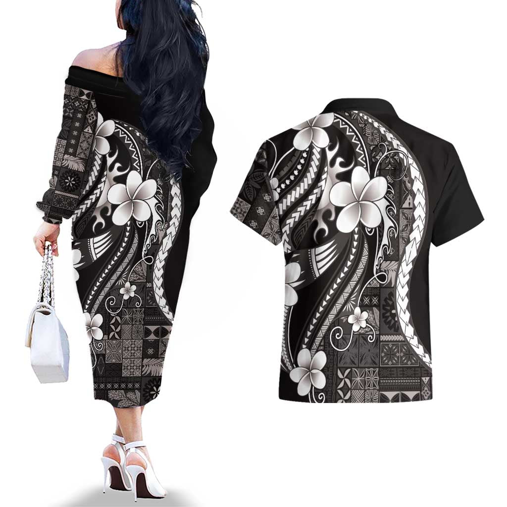 Samoa Siapo Tribal Pattern Couples Matching Off The Shoulder Long Sleeve Dress and Hawaiian Shirt Black Polynesian Plumeria Tapa Motif