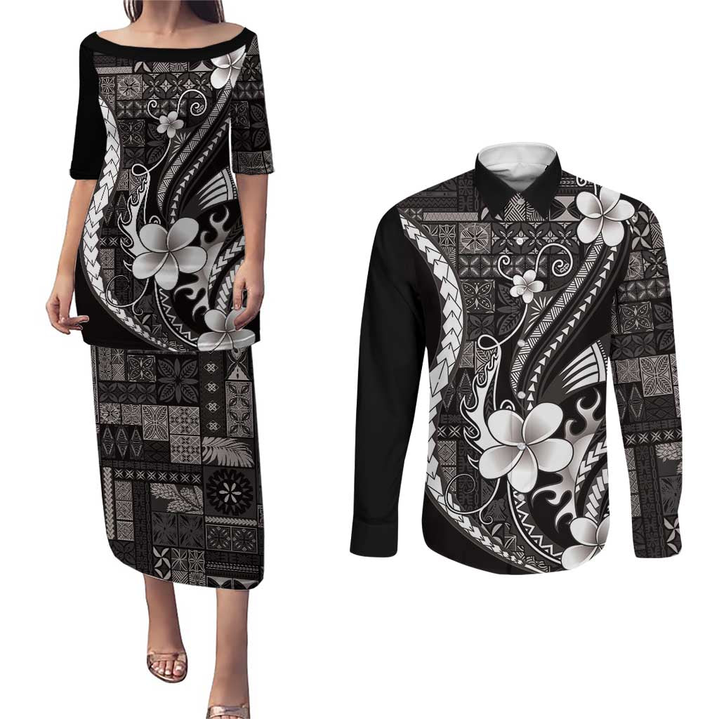 Samoa Siapo Tribal Pattern Couples Matching Puletasi and Long Sleeve Button Shirt Black Polynesian Plumeria Tapa Motif