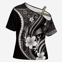 Samoa Siapo Tribal Pattern Cross Shoulder Shirt Black Polynesian Plumeria Tapa Motif