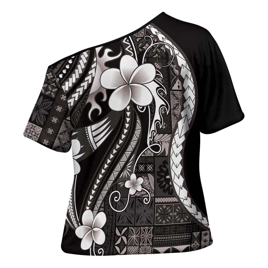 Samoa Siapo Tribal Pattern Cross Shoulder Shirt Black Polynesian Plumeria Tapa Motif