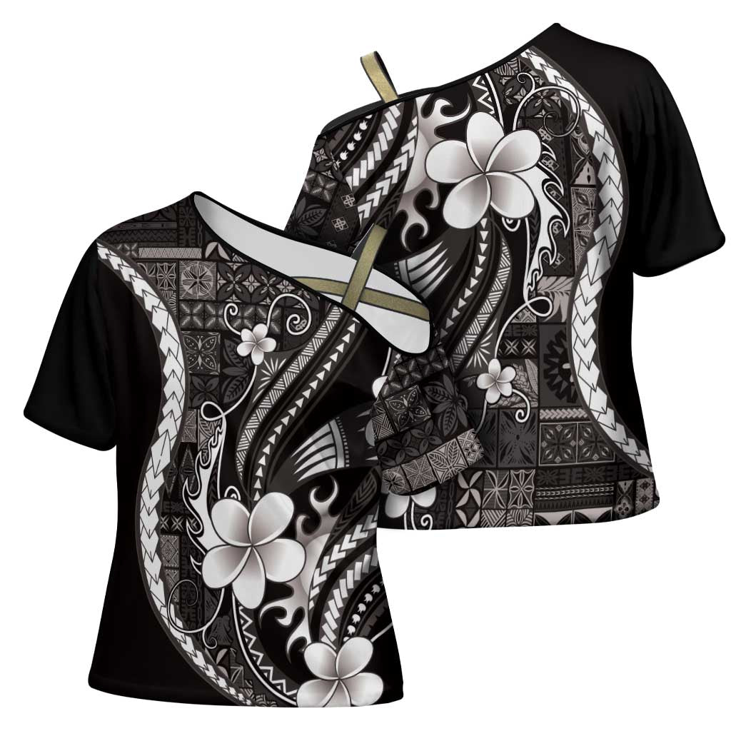 Samoa Siapo Tribal Pattern Cross Shoulder Shirt Black Polynesian Plumeria Tapa Motif