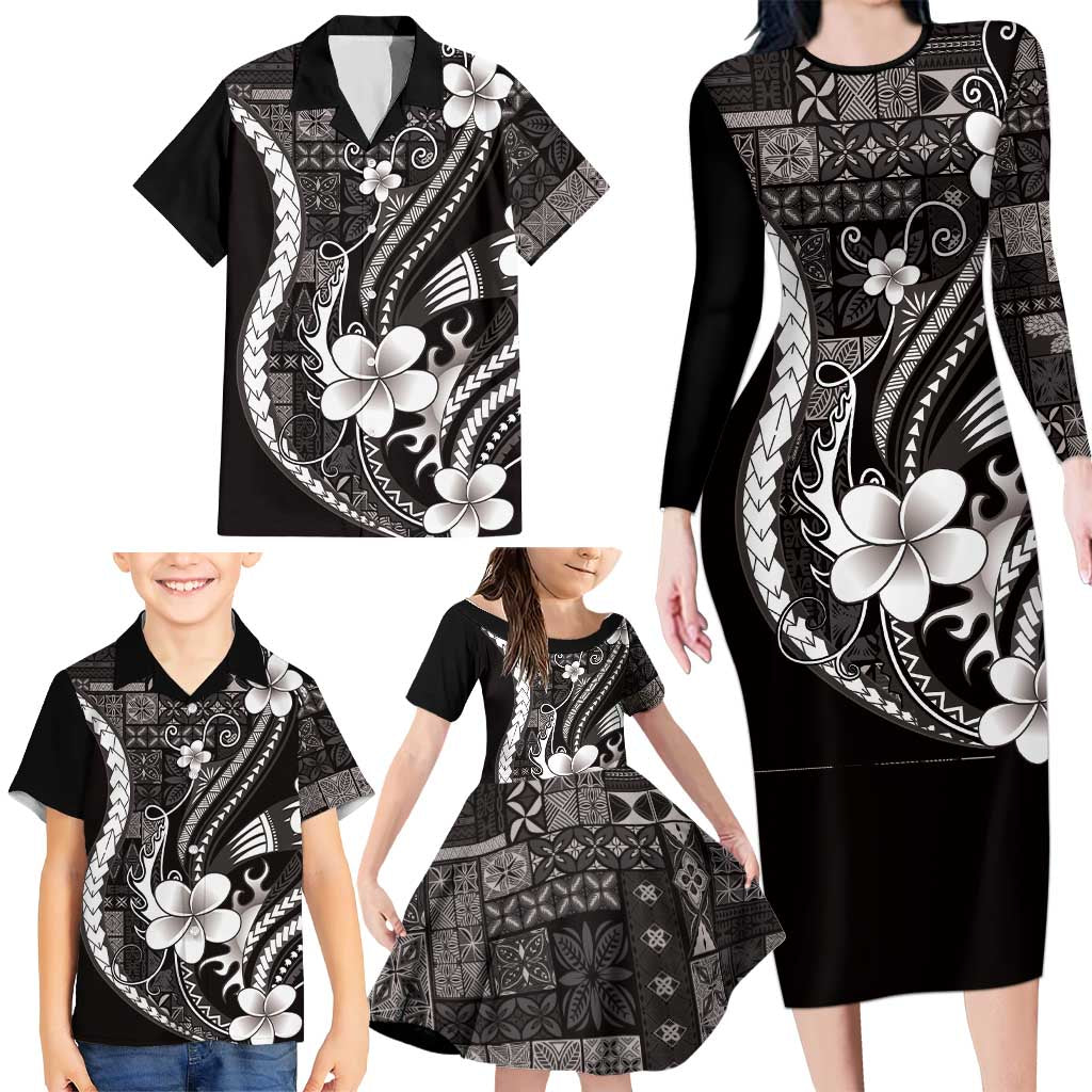 Samoa Siapo Tribal Pattern Family Matching Long Sleeve Bodycon Dress and Hawaiian Shirt Black Polynesian Plumeria Tapa Motif LT9 - Polynesian Pride