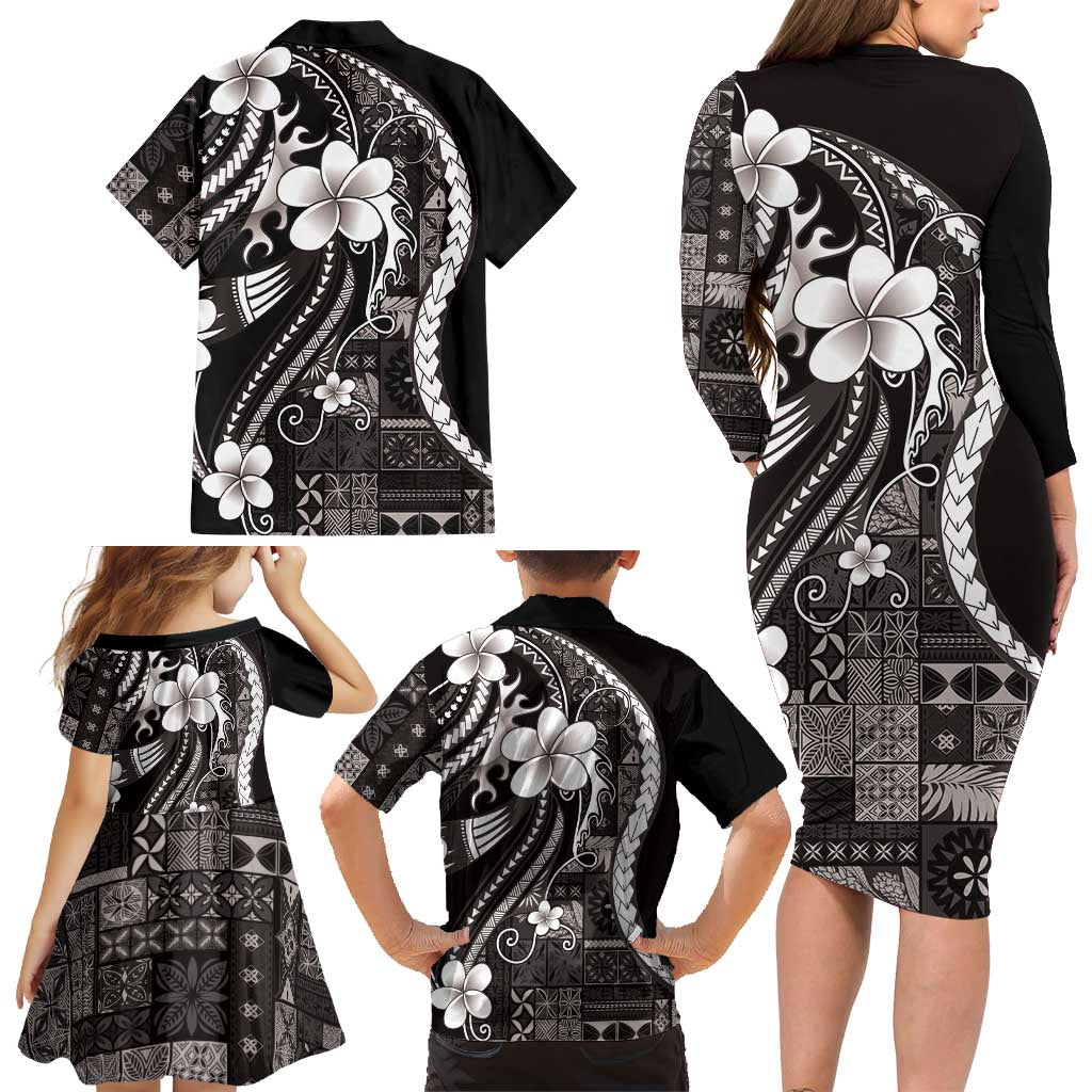 Samoa Siapo Tribal Pattern Family Matching Long Sleeve Bodycon Dress and Hawaiian Shirt Black Polynesian Plumeria Tapa Motif LT9 - Polynesian Pride