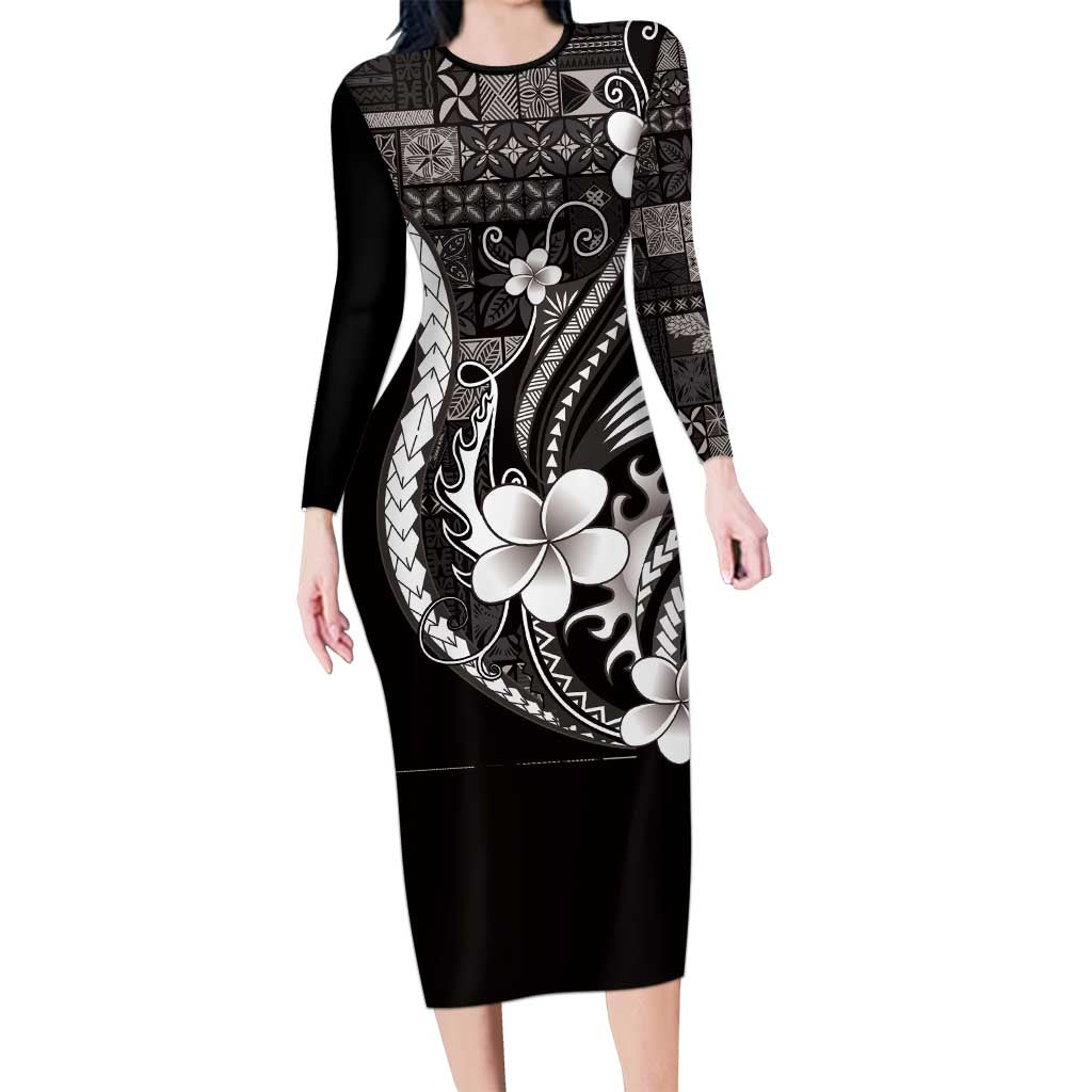 Samoa Siapo Tribal Pattern Family Matching Long Sleeve Bodycon Dress and Hawaiian Shirt Black Polynesian Plumeria Tapa Motif LT9 Mom's Dress Black - Polynesian Pride