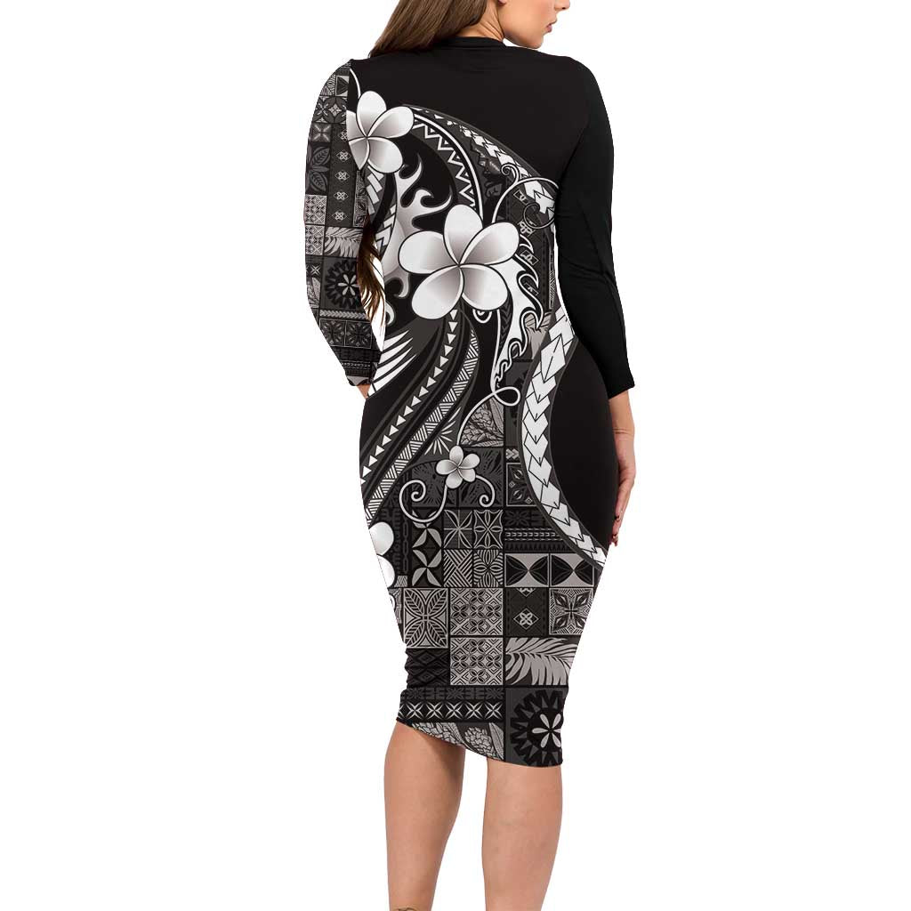 Samoa Siapo Tribal Pattern Family Matching Long Sleeve Bodycon Dress and Hawaiian Shirt Black Polynesian Plumeria Tapa Motif LT9 - Polynesian Pride