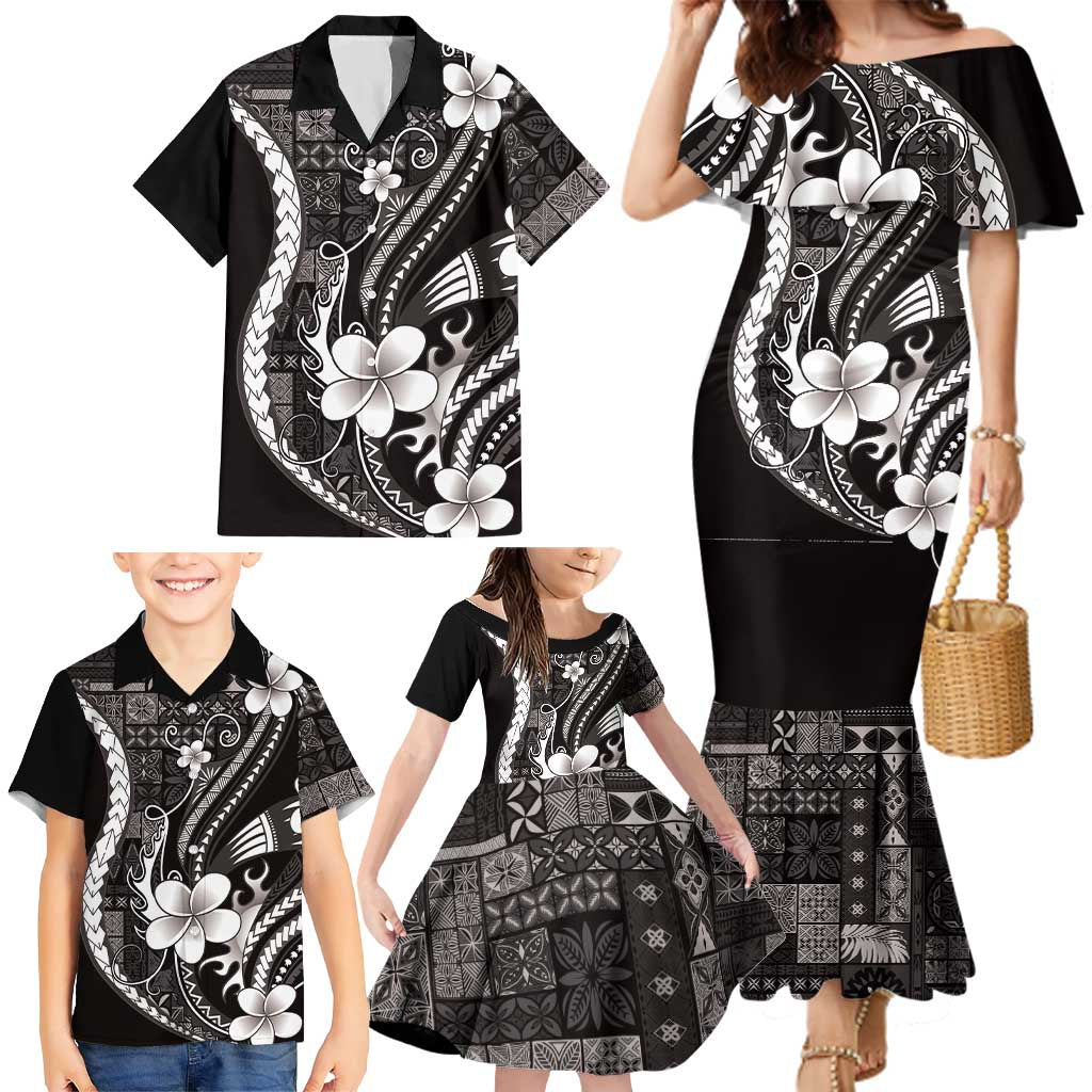 Samoa Siapo Tribal Pattern Family Matching Mermaid Dress and Hawaiian Shirt Black Polynesian Plumeria Tapa Motif LT9 - Polynesian Pride