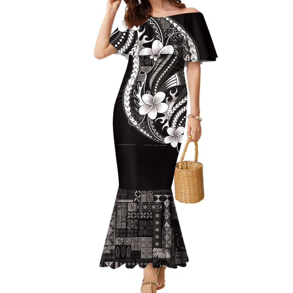 Samoa Siapo Tribal Pattern Family Matching Mermaid Dress and Hawaiian Shirt Black Polynesian Plumeria Tapa Motif LT9 Mom's Dress Black - Polynesian Pride