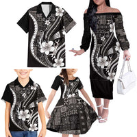 Samoa Siapo Tribal Pattern Family Matching Off The Shoulder Long Sleeve Dress and Hawaiian Shirt Black Polynesian Plumeria Tapa Motif LT9 - Polynesian Pride