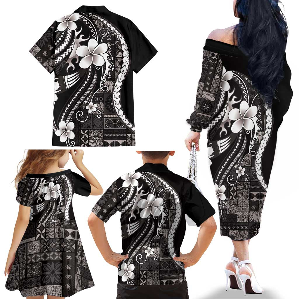 Samoa Siapo Tribal Pattern Family Matching Off The Shoulder Long Sleeve Dress and Hawaiian Shirt Black Polynesian Plumeria Tapa Motif LT9 - Polynesian Pride
