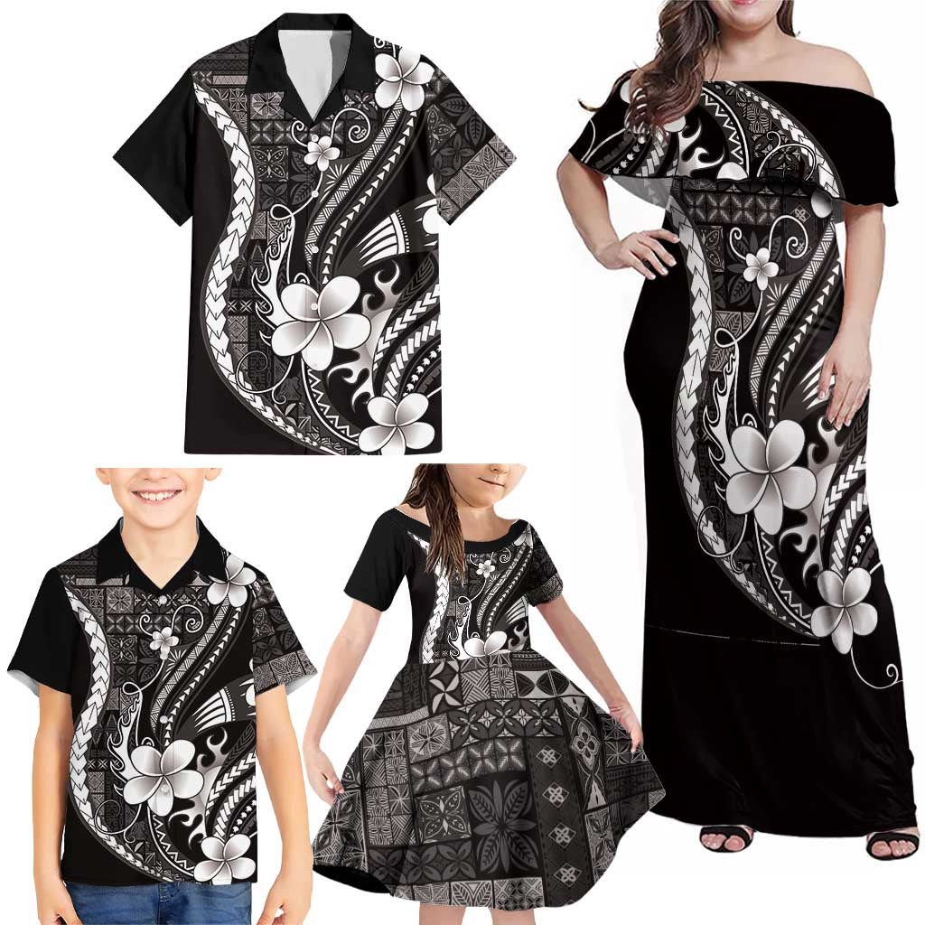 Samoa Siapo Tribal Pattern Family Matching Off Shoulder Maxi Dress and Hawaiian Shirt Black Polynesian Plumeria Tapa Motif LT9 - Polynesian Pride