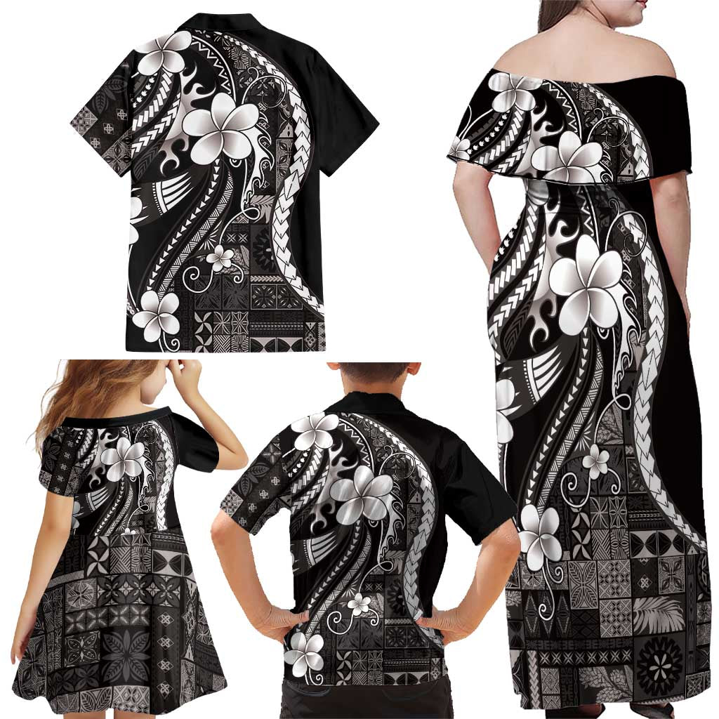 Samoa Siapo Tribal Pattern Family Matching Off Shoulder Maxi Dress and Hawaiian Shirt Black Polynesian Plumeria Tapa Motif LT9 - Polynesian Pride