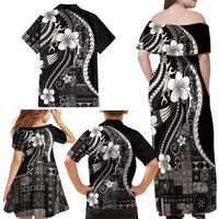 Samoa Siapo Tribal Pattern Family Matching Off Shoulder Maxi Dress and Hawaiian Shirt Black Polynesian Plumeria Tapa Motif LT9 - Polynesian Pride