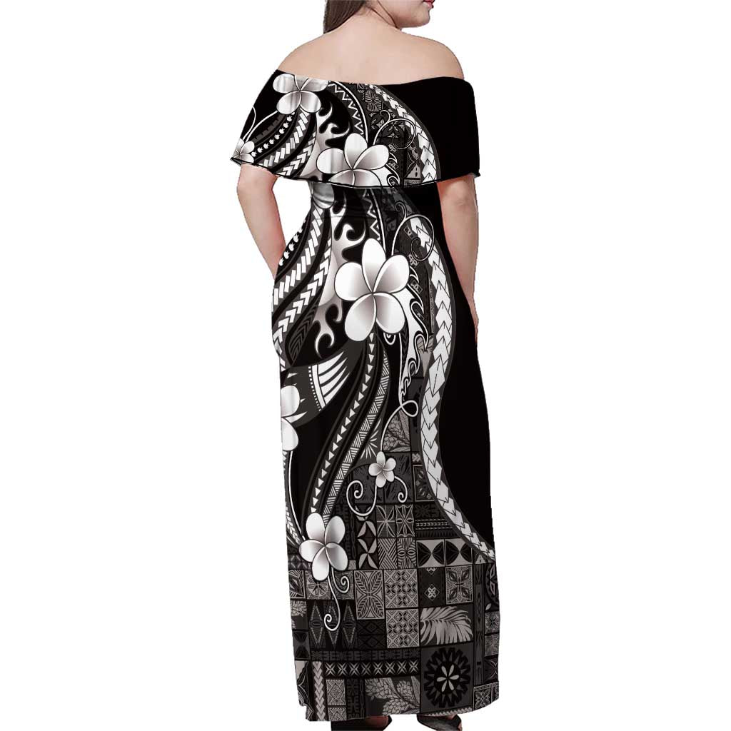 Samoa Siapo Tribal Pattern Family Matching Off Shoulder Maxi Dress and Hawaiian Shirt Black Polynesian Plumeria Tapa Motif LT9 - Polynesian Pride