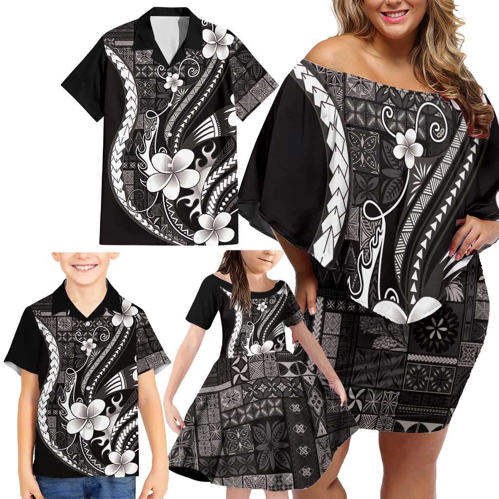 Samoa Siapo Tribal Pattern Family Matching Off Shoulder Short Dress and Hawaiian Shirt Black Polynesian Plumeria Tapa Motif LT9 - Polynesian Pride