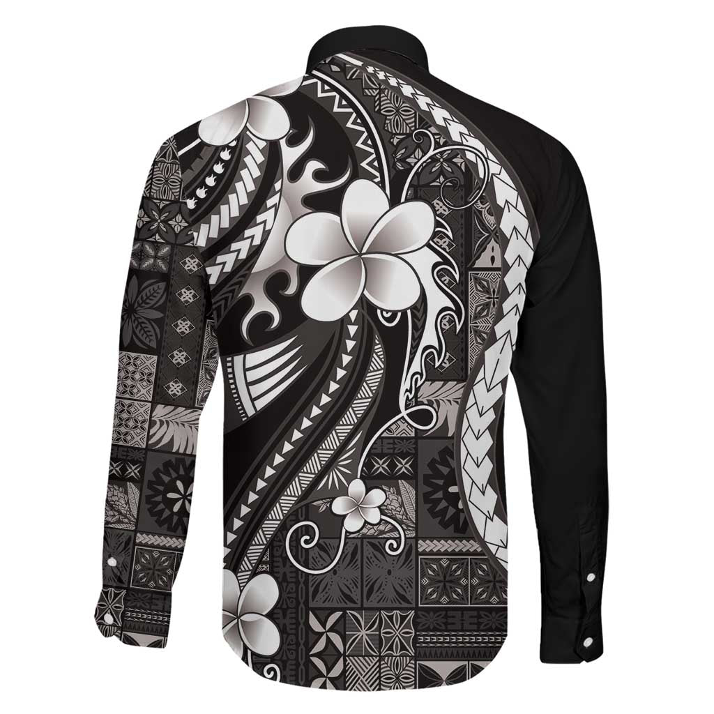 Samoa Siapo Tribal Pattern Family Matching Off Shoulder Short Dress and Hawaiian Shirt Black Polynesian Plumeria Tapa Motif LT9 - Polynesian Pride
