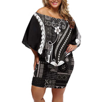 Samoa Siapo Tribal Pattern Family Matching Off Shoulder Short Dress and Hawaiian Shirt Black Polynesian Plumeria Tapa Motif LT9 Mom's Dress Black - Polynesian Pride