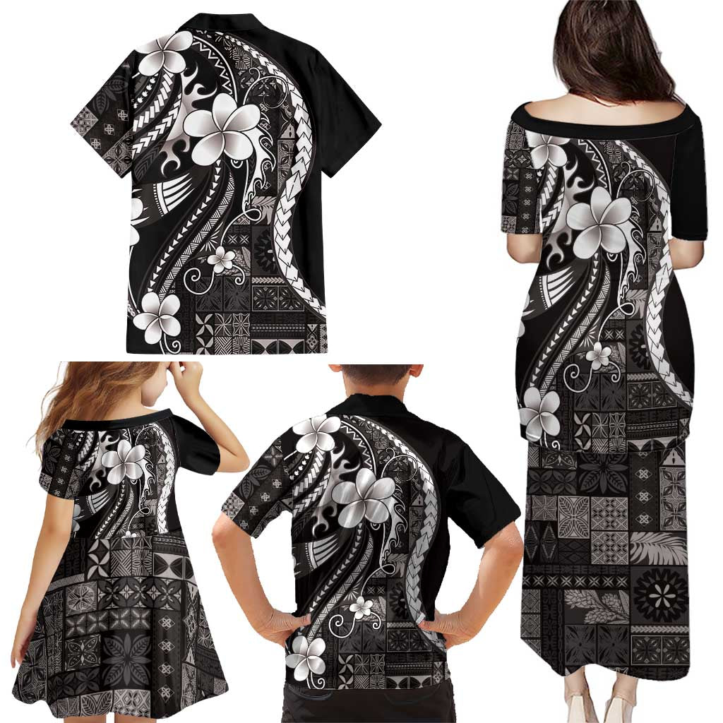 Samoa Siapo Tribal Pattern Family Matching Puletasi and Hawaiian Shirt Black Polynesian Plumeria Tapa Motif