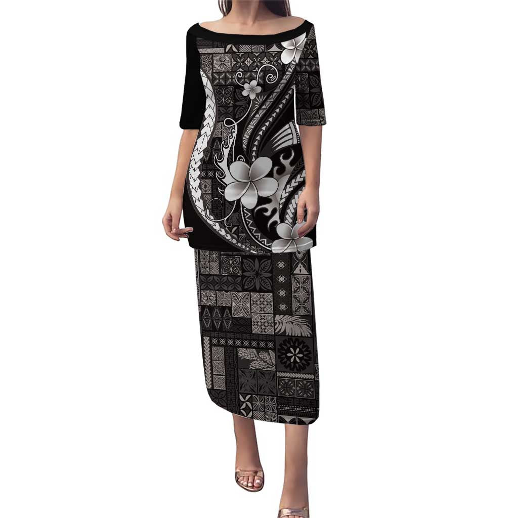 Samoa Siapo Tribal Pattern Family Matching Puletasi and Hawaiian Shirt Black Polynesian Plumeria Tapa Motif