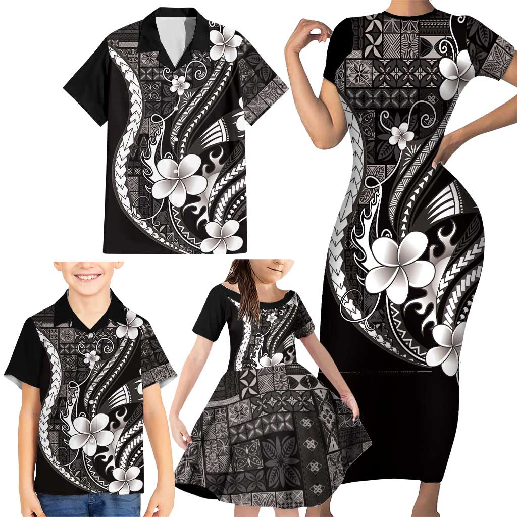 Samoa Siapo Tribal Pattern Family Matching Short Sleeve Bodycon Dress and Hawaiian Shirt Black Polynesian Plumeria Tapa Motif LT9 - Polynesian Pride