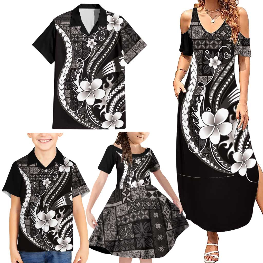 Samoa Siapo Tribal Pattern Family Matching Summer Maxi Dress and Hawaiian Shirt Black Polynesian Plumeria Tapa Motif LT9 - Polynesian Pride