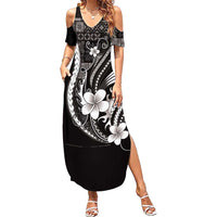 Samoa Siapo Tribal Pattern Family Matching Summer Maxi Dress and Hawaiian Shirt Black Polynesian Plumeria Tapa Motif LT9 Mom's Dress Black - Polynesian Pride