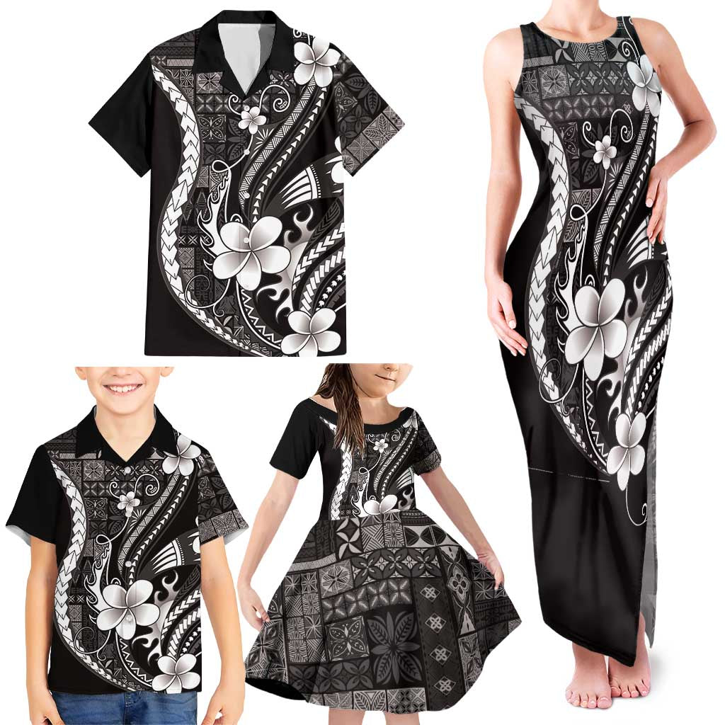 Samoa Siapo Tribal Pattern Family Matching Tank Maxi Dress and Hawaiian Shirt Black Polynesian Plumeria Tapa Motif LT9 - Polynesian Pride