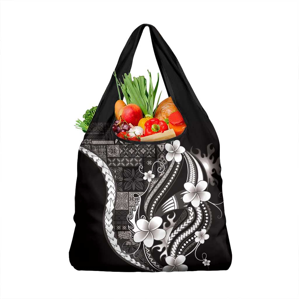Samoa Siapo Tribal Pattern Grocery Bag Black Polynesian Plumeria Tapa Motif