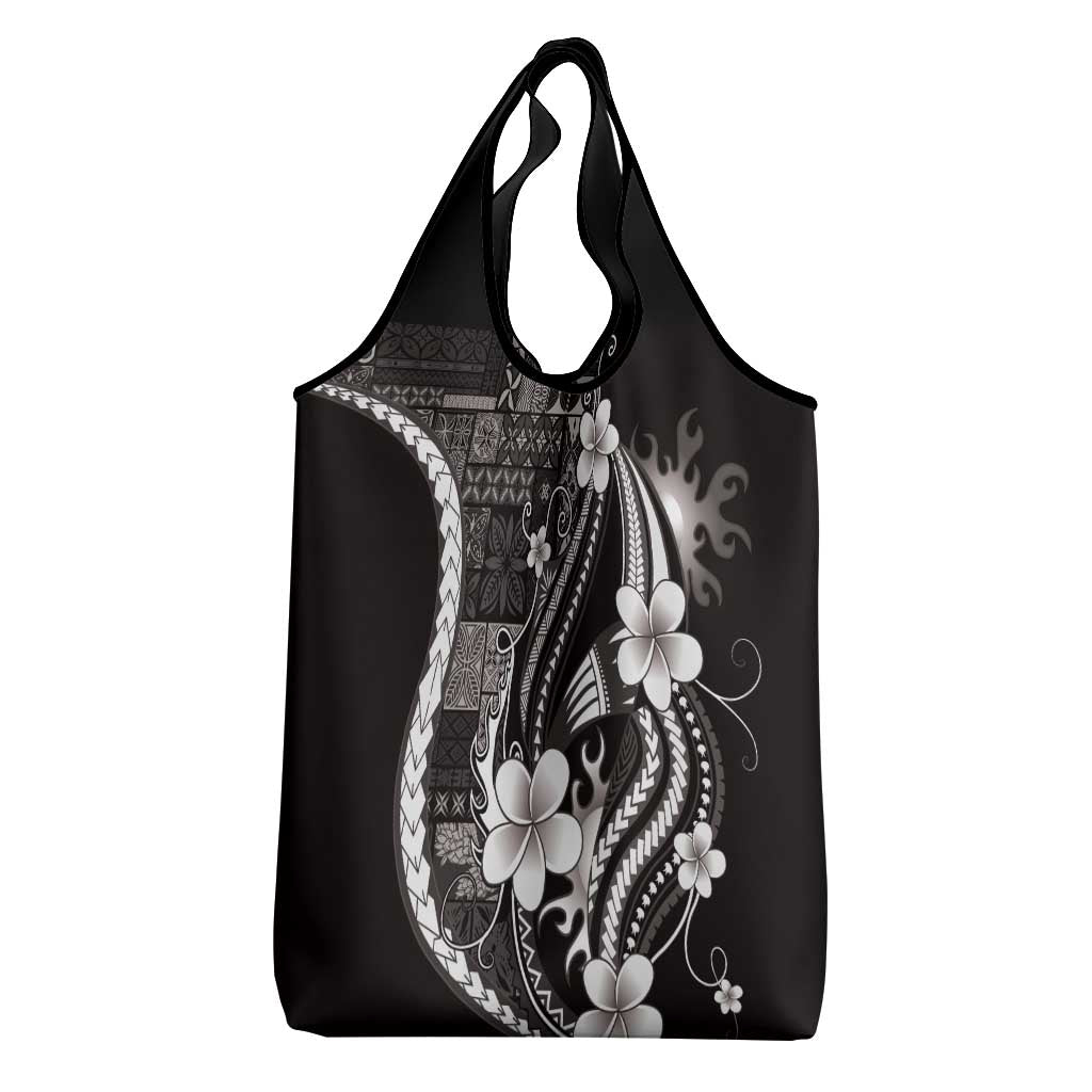 Samoa Siapo Tribal Pattern Grocery Bag Black Polynesian Plumeria Tapa Motif