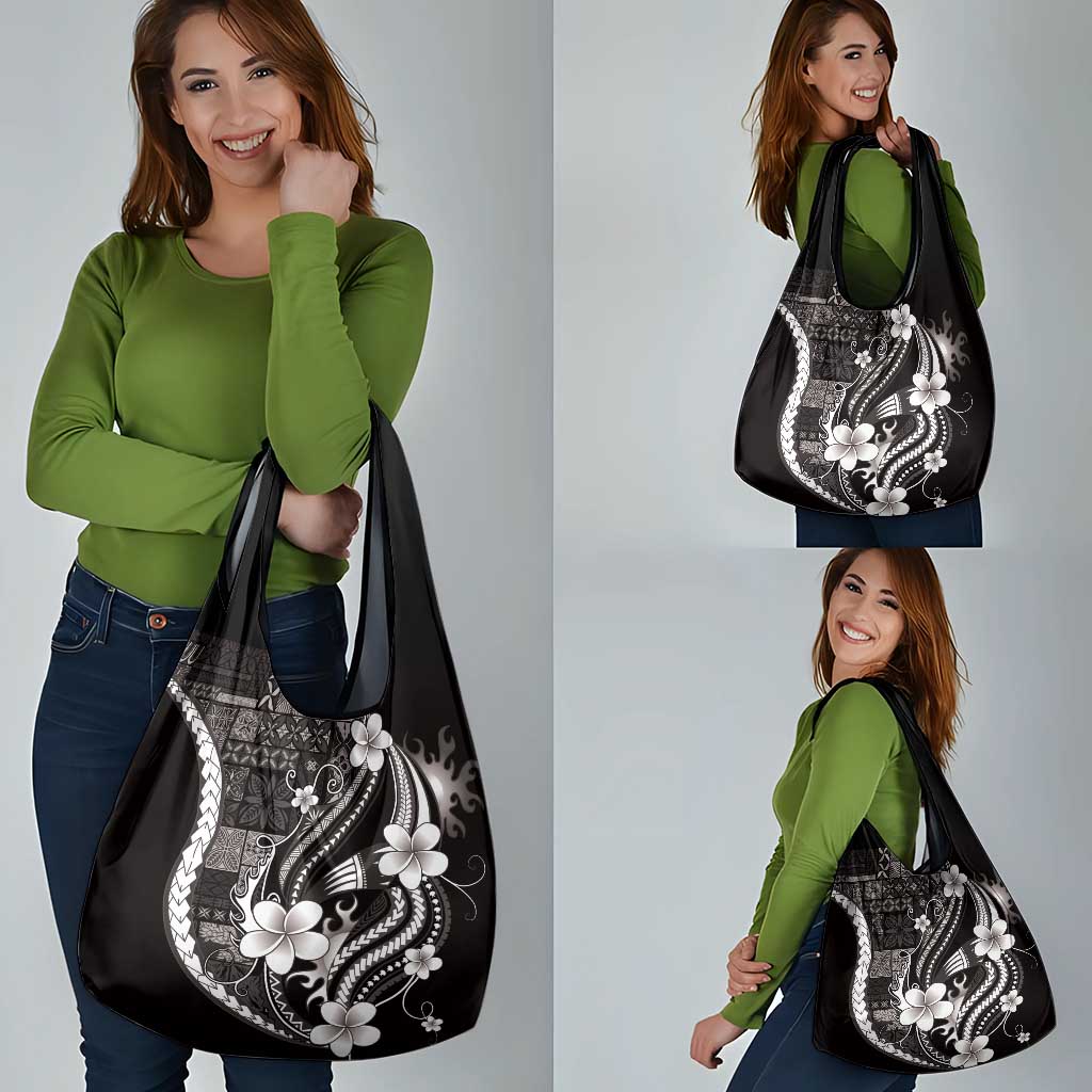 Samoa Siapo Tribal Pattern Grocery Bag Black Polynesian Plumeria Tapa Motif