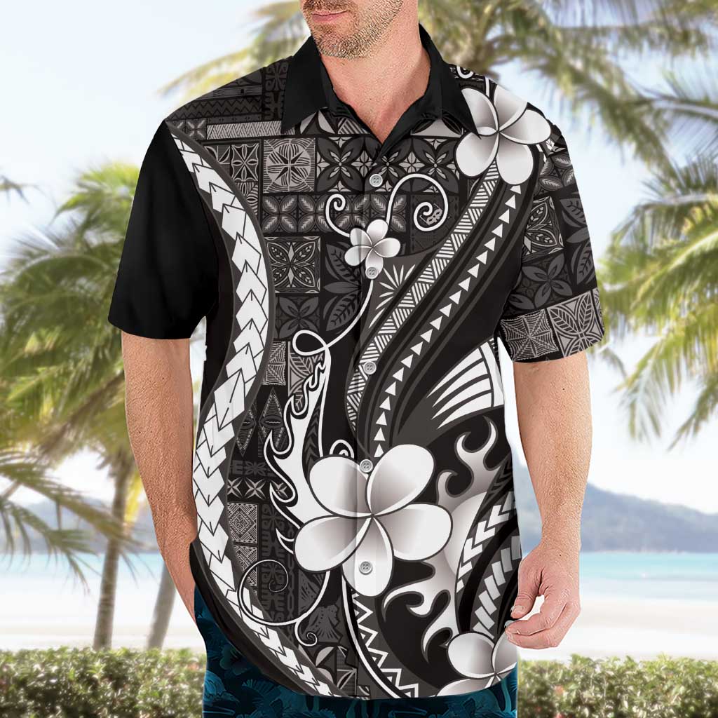 Samoa Siapo Tribal Pattern Hawaiian Shirt Black Polynesian Plumeria Tapa Motif