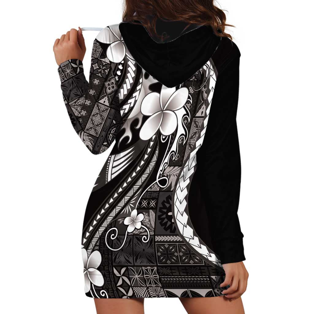 Samoa Siapo Tribal Pattern Hoodie Dress Black Polynesian Plumeria Tapa Motif