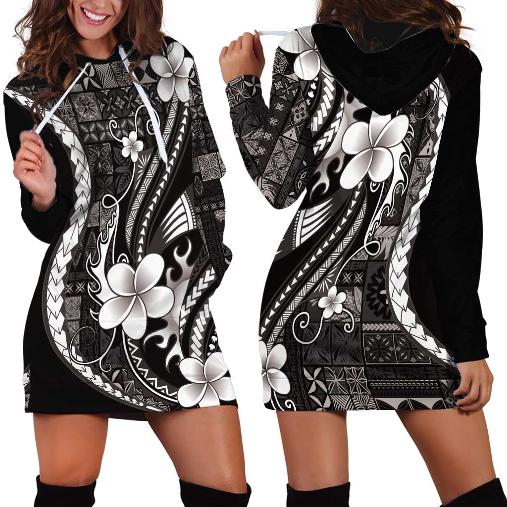 Samoa Siapo Tribal Pattern Hoodie Dress Black Polynesian Plumeria Tapa Motif