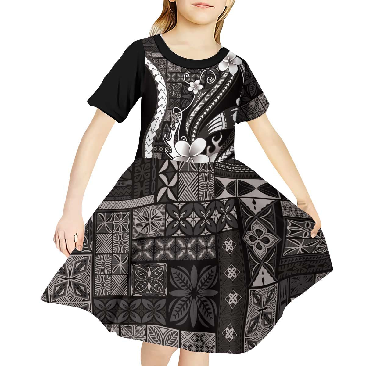 Samoa Siapo Tribal Pattern Kid Short Sleeve Dress Black Polynesian Plumeria Tapa Motif