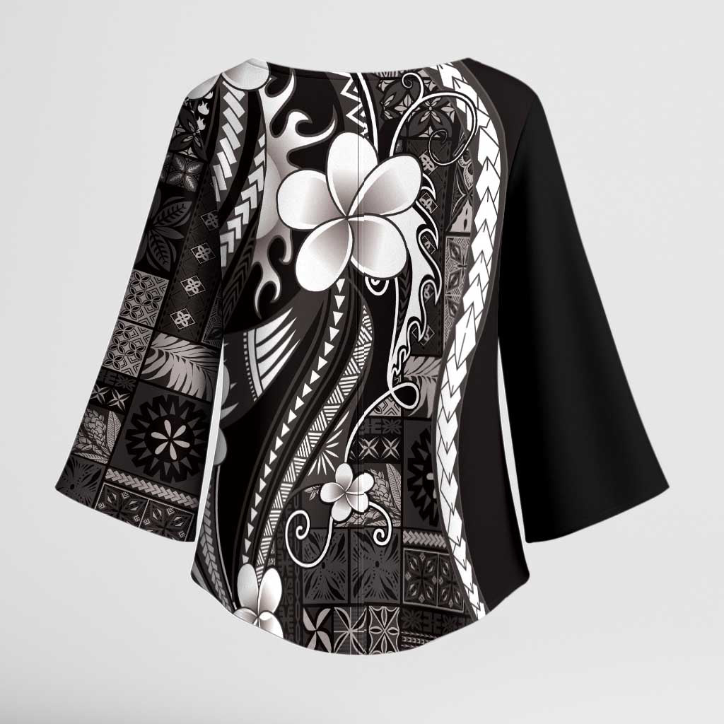 Samoa Siapo Tribal Pattern Kimono Sleeve Blouse Black Polynesian Plumeria Tapa Motif
