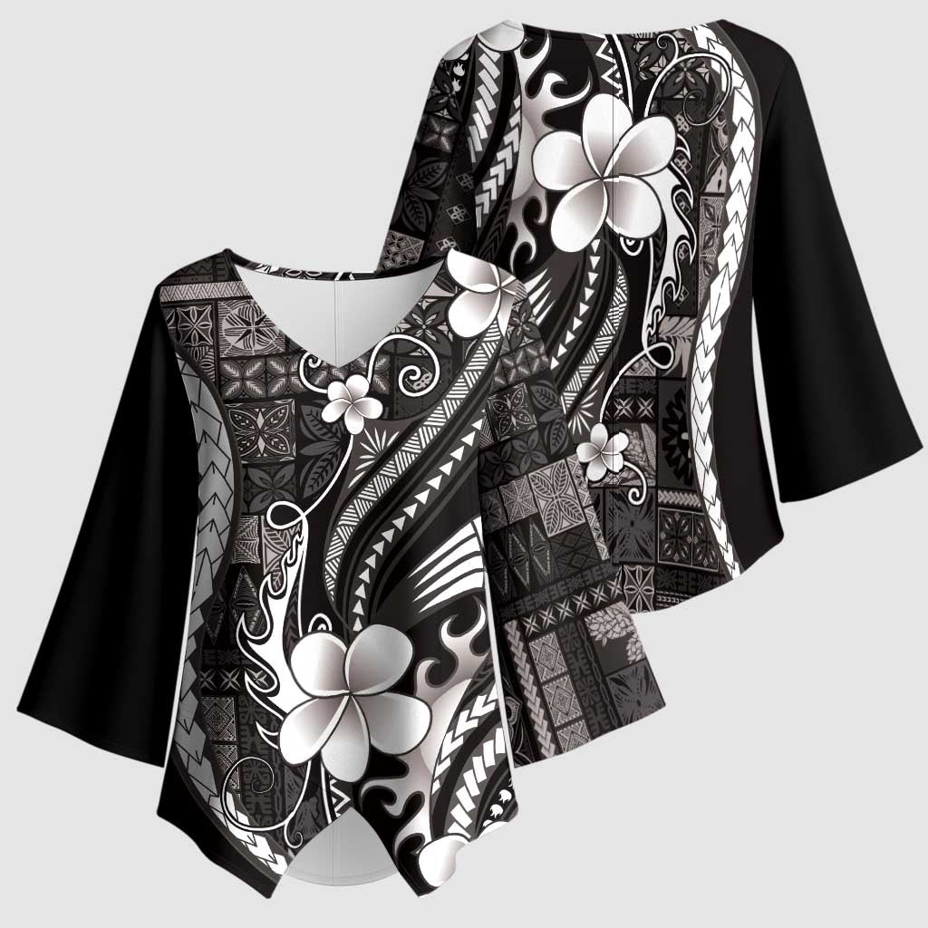 Samoa Siapo Tribal Pattern Kimono Sleeve Blouse Black Polynesian Plumeria Tapa Motif
