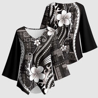 Samoa Siapo Tribal Pattern Kimono Sleeve Blouse Black Polynesian Plumeria Tapa Motif