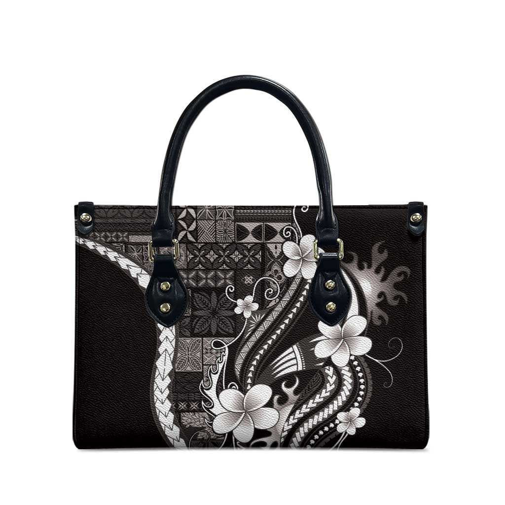 Samoa Siapo Tribal Pattern Leather Bag Black Polynesian Plumeria Tapa Motif