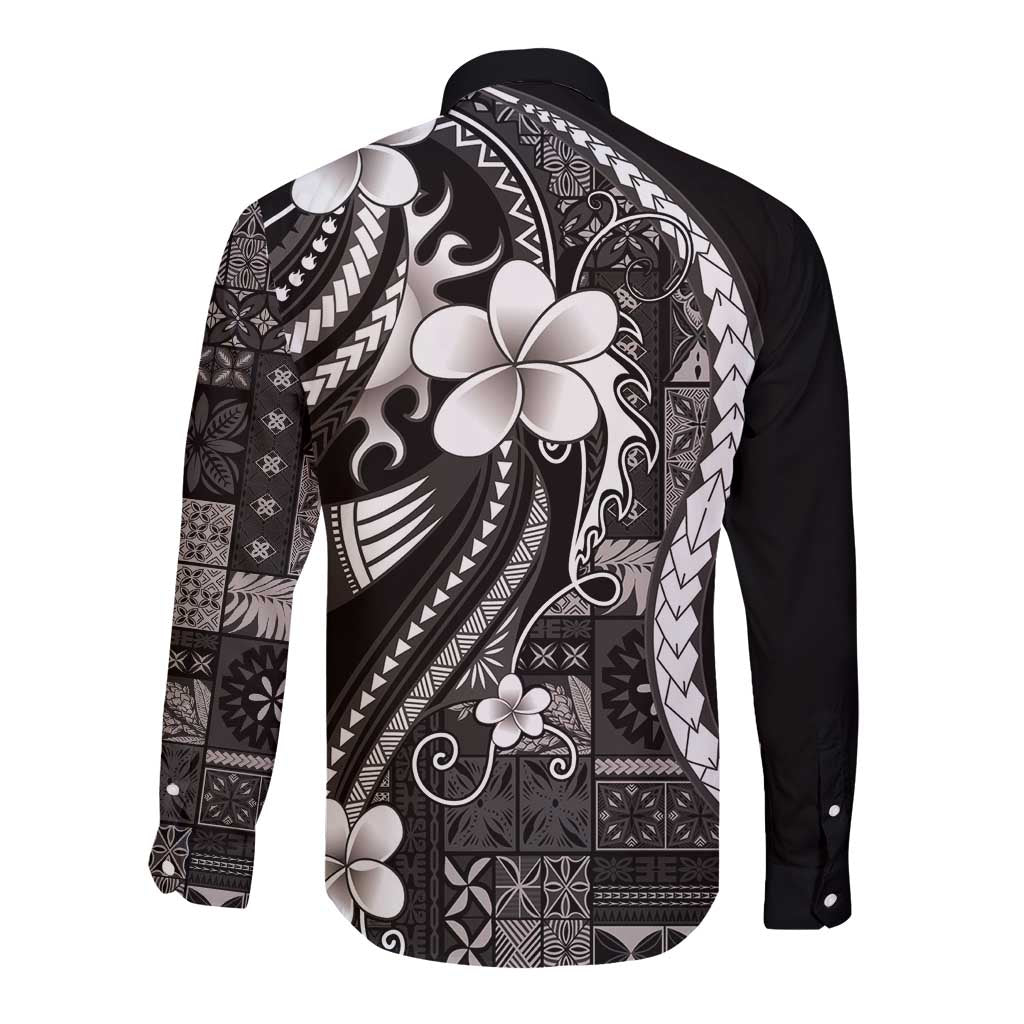Samoa Siapo Tribal Pattern Long Sleeve Button Shirt Black Polynesian Plumeria Tapa Motif