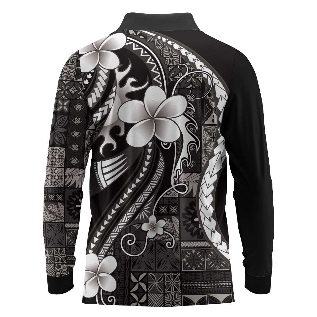 Samoa Siapo Tribal Pattern Long Sleeve Polo Shirt Black Polynesian Plumeria Tapa Motif