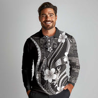 Samoa Siapo Tribal Pattern Long Sleeve Polo Shirt Black Polynesian Plumeria Tapa Motif
