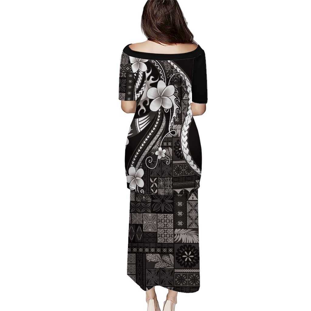 Samoa Siapo Tribal Pattern Puletasi Black Polynesian Plumeria Tapa Motif