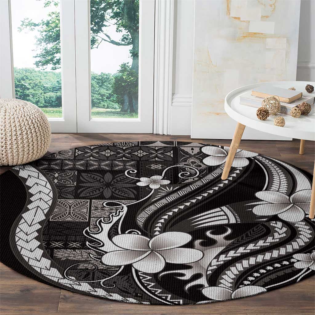 Samoa Siapo Tribal Pattern Round Carpet Black Polynesian Plumeria Tapa Motif