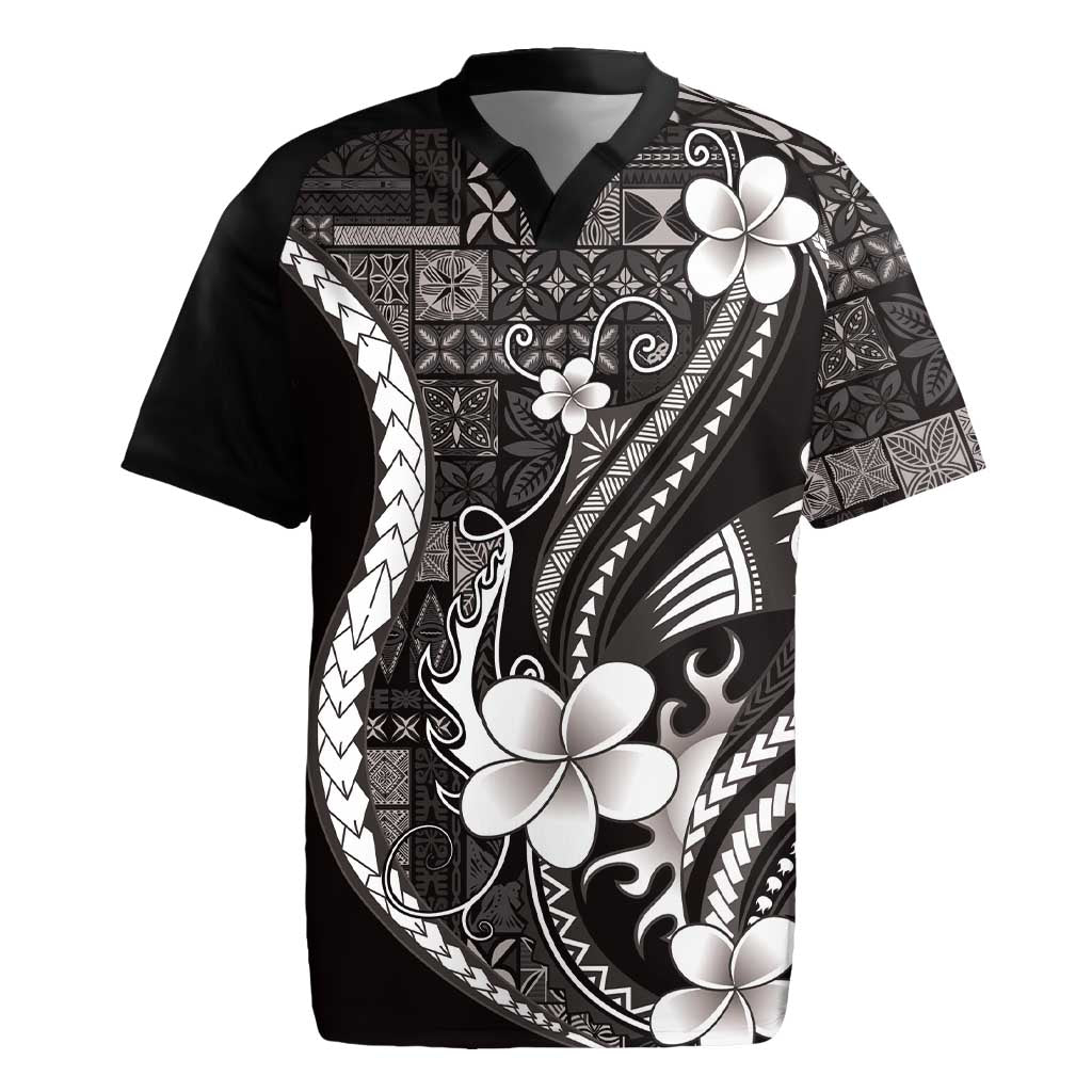 Samoa Siapo Tribal Pattern Rugby Jersey Black Polynesian Plumeria Tapa Motif