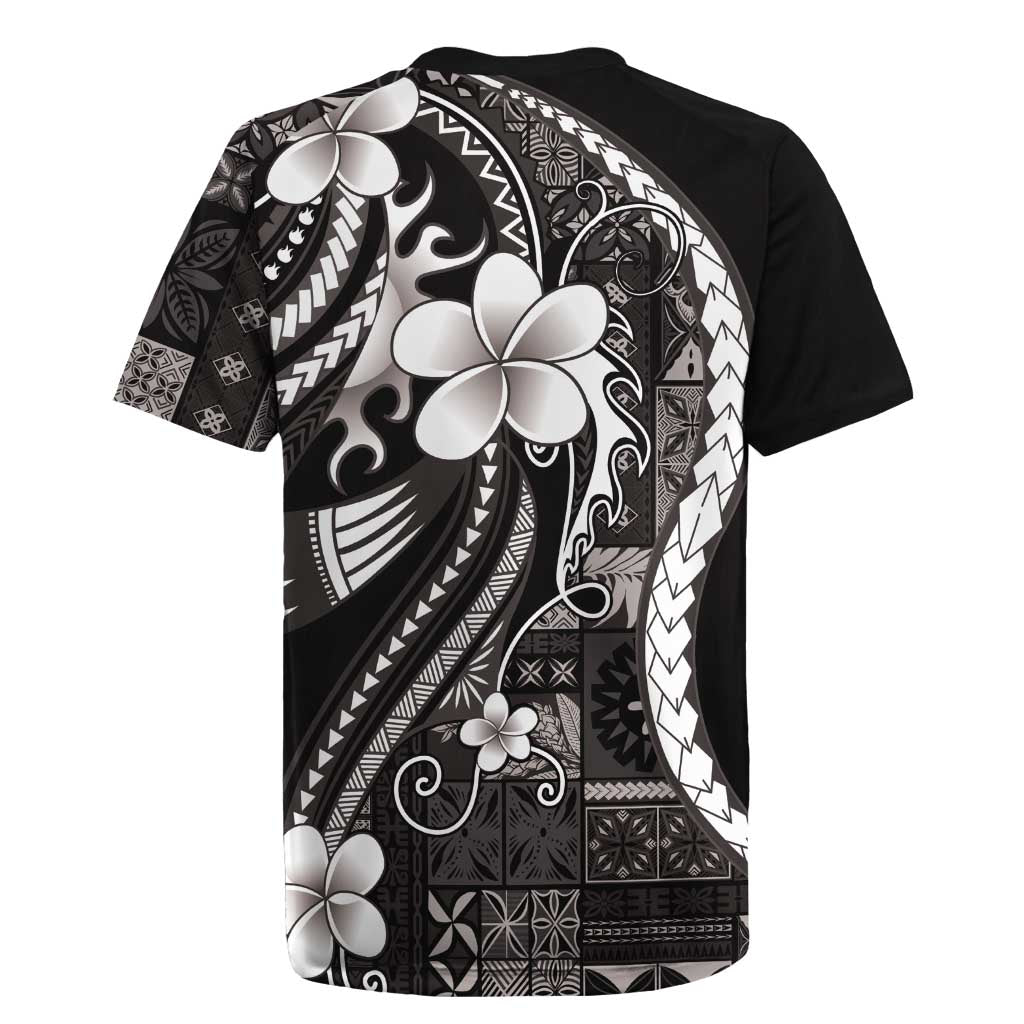 Samoa Siapo Tribal Pattern Rugby Jersey Black Polynesian Plumeria Tapa Motif