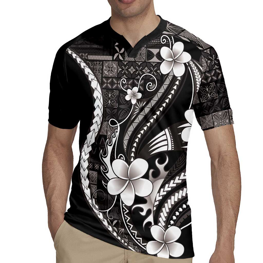 Samoa Siapo Tribal Pattern Rugby Jersey Black Polynesian Plumeria Tapa Motif
