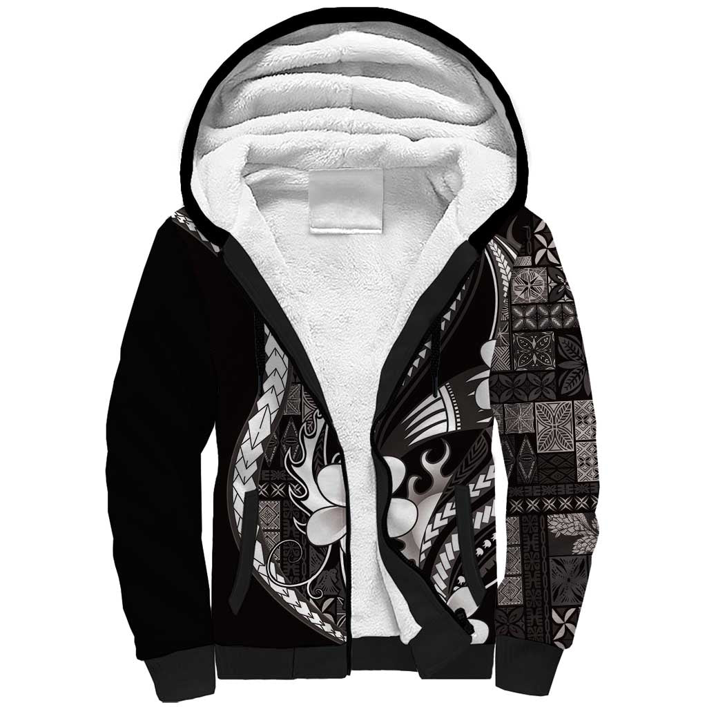 Samoa Siapo Tribal Pattern Sherpa Hoodie Black Polynesian Plumeria Tapa Motif