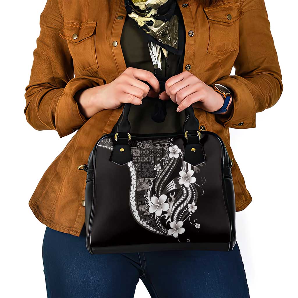 Samoa Siapo Tribal Pattern Shoulder Handbag Black Polynesian Plumeria Tapa Motif
