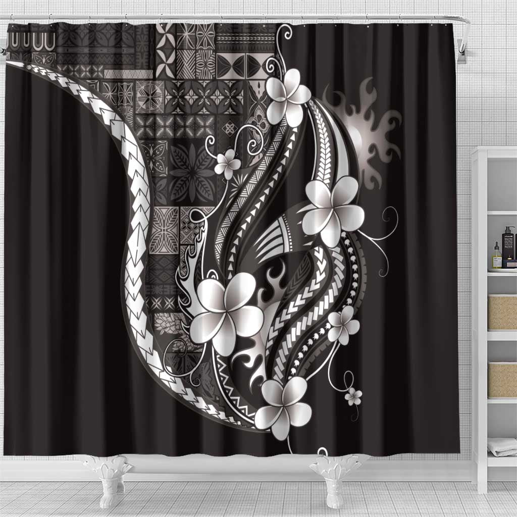 Samoa Siapo Tribal Pattern Shower Curtain Black Polynesian Plumeria Tapa Motif